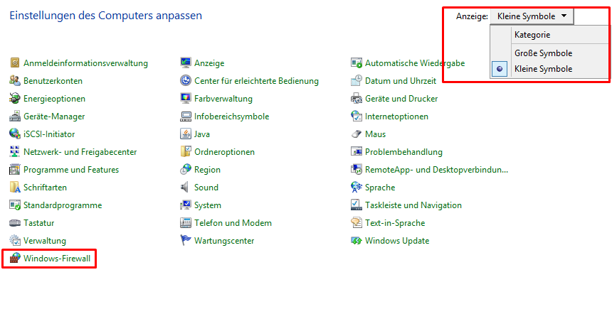 Systemsteuerung - Kleine Symbole - Windows Firewall